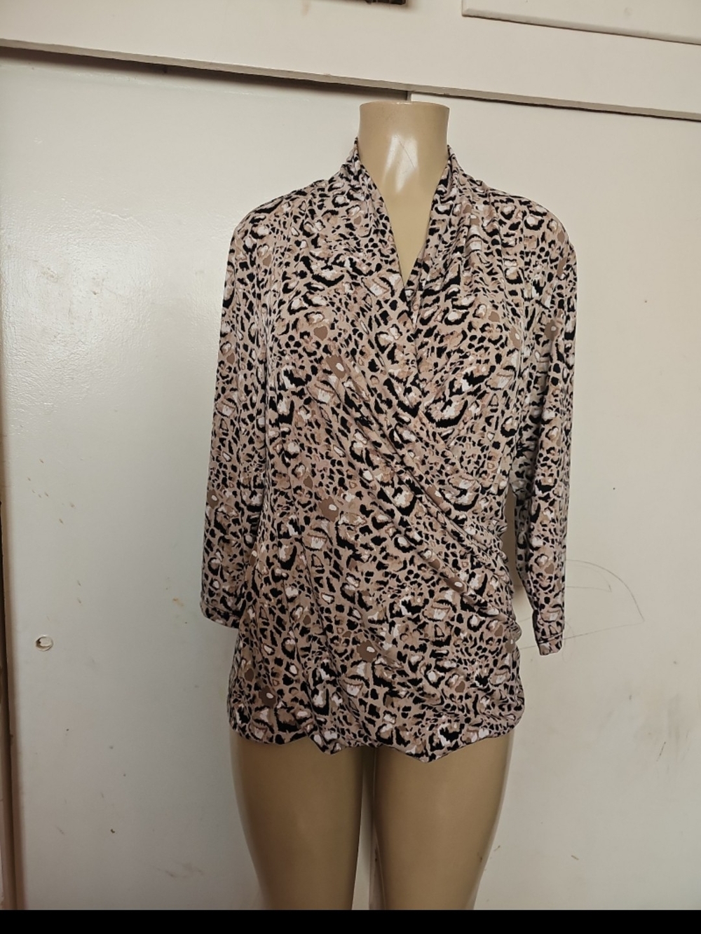 Chaus Beige and Black Animal Print Wrap Blouse